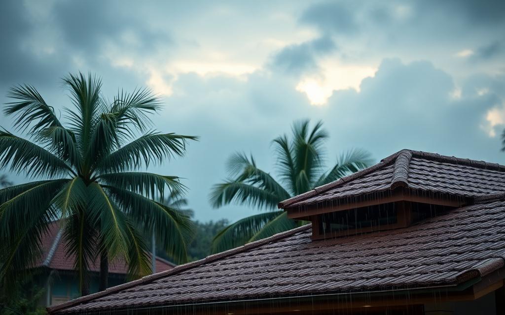 Monsoon rain falling on a Malaysian residential roof