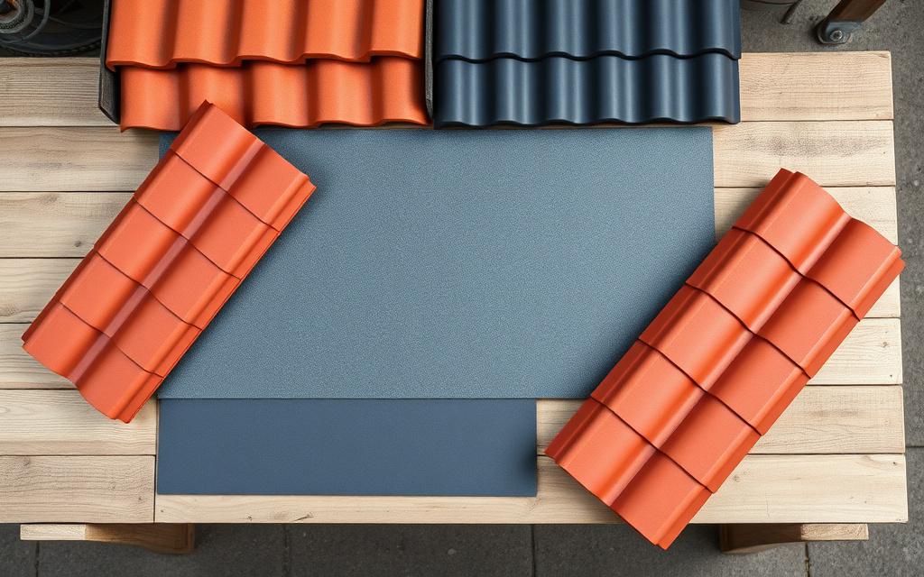 A selection of roofing materials laid out on a workshop bench