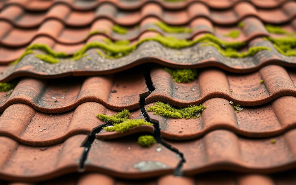 A hairline crack across a clay roof tile