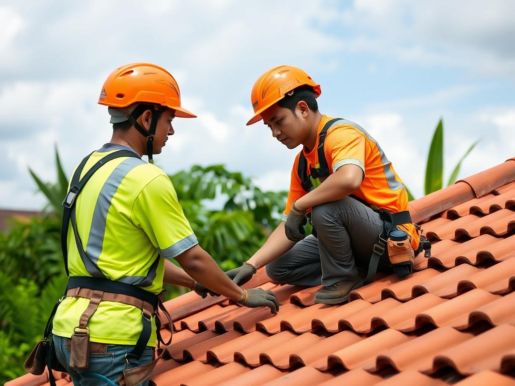 Two Jarvisly Roofworks crew members fitting clay tiles on a Kuala Lumpur rooftop
